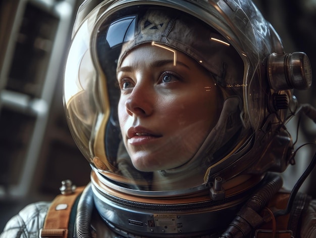 Mujer astronauta modelo suave iluminación natural bosque generativo ai