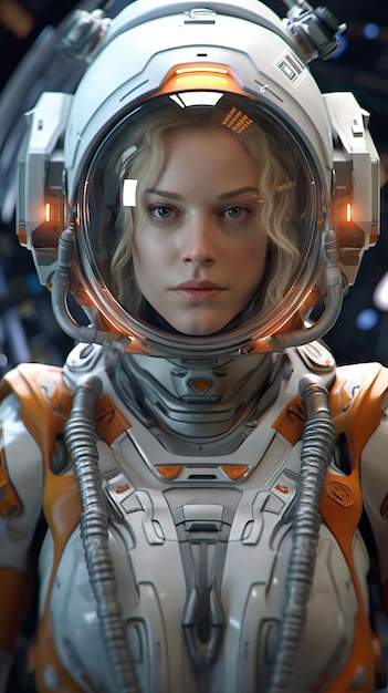 Mujer astronauta con un traje de astronauta naranja contra una escena cinematográfica de fondo con temas espaciales
