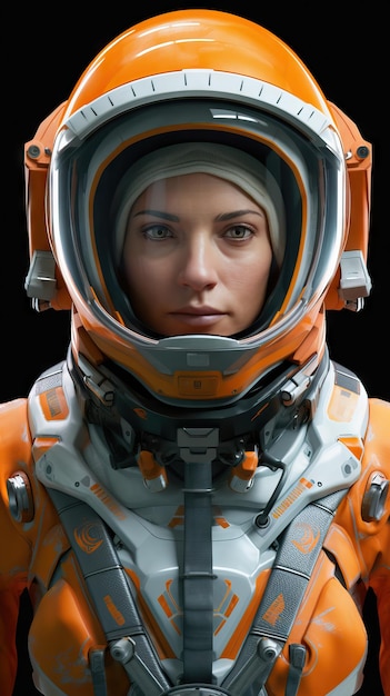 Mujer astronauta con un traje de astronauta naranja contra una escena cinematográfica de fondo con temas espaciales