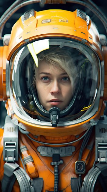 Mujer astronauta con un traje de astronauta naranja contra una escena cinematográfica de fondo con temas espaciales