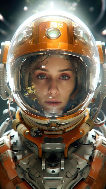 Mujer astronauta con un traje de astronauta naranja contra una escena cinematográfica de fondo con temas espaciales