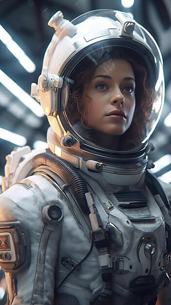 Mujer astronauta con un traje de astronauta naranja contra una escena cinematográfica de fondo con temas espaciales