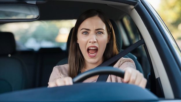 Mujer asustada grita conduciendo el coche al aire libre