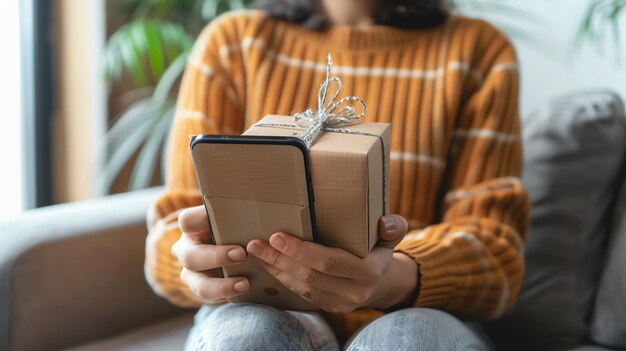 Foto mujer atenciosa con una caja de regalos envuelta y usando un teléfono inteligente tal vez comprando en línea o enviando un mensaje