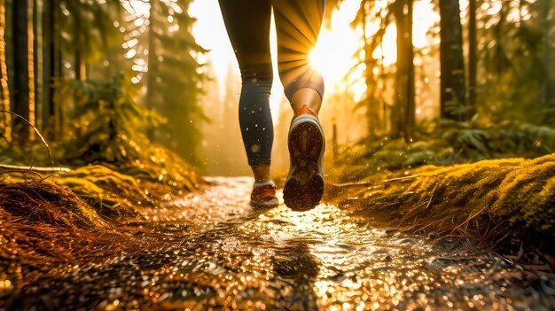 Mujer atleta corriendo en sus zapatillas de deporte por el bosque con la luz del sol por delante