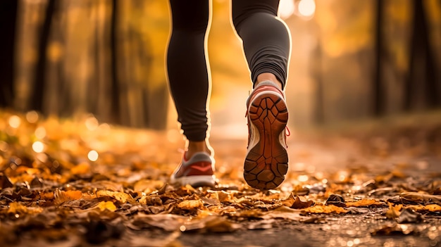 Mujer atleta corriendo en sus zapatillas de deporte por el bosque en otoño