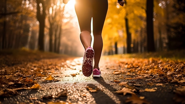 Mujer atleta corriendo en sus zapatillas de deporte por el bosque en otoño