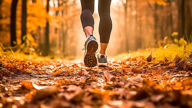 Mujer atleta corriendo en sus zapatillas de deporte por el bosque en otoño