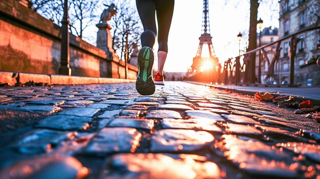 Mujer atleta corriendo en sus zapatillas de deporte en las calles de París con la Torre Eiffel delante de ella