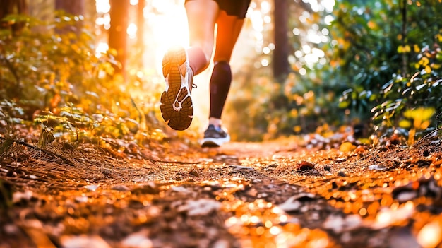 Mujer atleta corriendo en sus zapatillas de deporte a través del bosque con la luz del sol delante