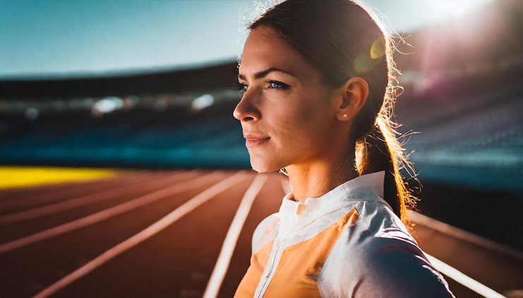 Foto una mujer atleta está de pie en un estadio mirando hacia el espacio abierto