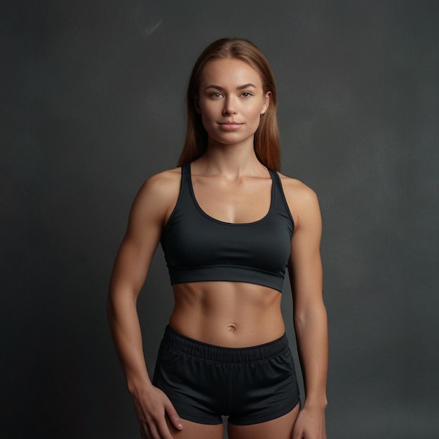 Mujer atleta musculosa y joven en gris