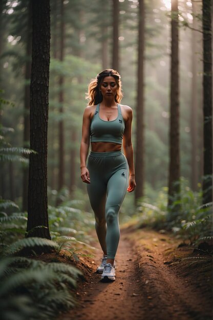 Una mujer atlética abraza el sendero de la naturaleza para un viaje de maratón de fitness