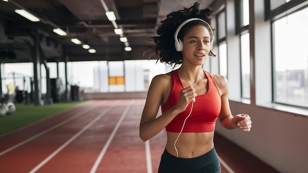 Mujer atlética feliz con auriculares corriendo en una pista de atletismo en un gimnasio