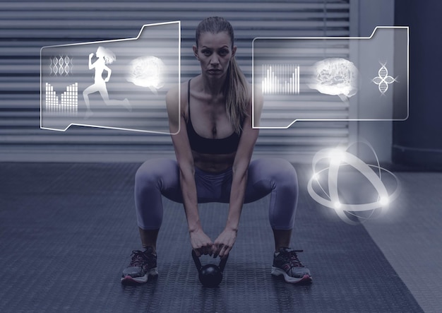 Mujer atlética en forma haciendo ejercicio con interfaz de salud