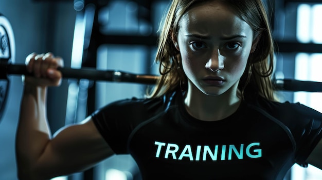 Foto mujer atlética haciendo ejercicios de agachamiento en un gimnasio y usando una camiseta marcada entrenamiento