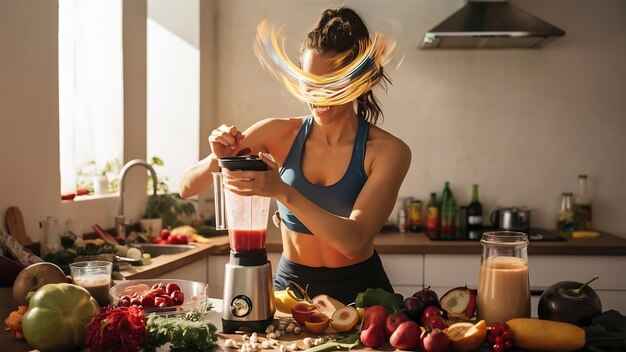 Mujer atlética irreconocible usando una licuadora mientras prepara un batido saludable en la cocina