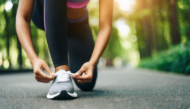 mujer atlética piel impecable brazos desnudos poniéndose zapatillas exudando fuerza y determinación en