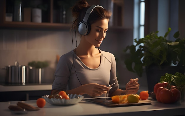 Foto mujer atlética preparando un batido con verduras y frutas escuchando música