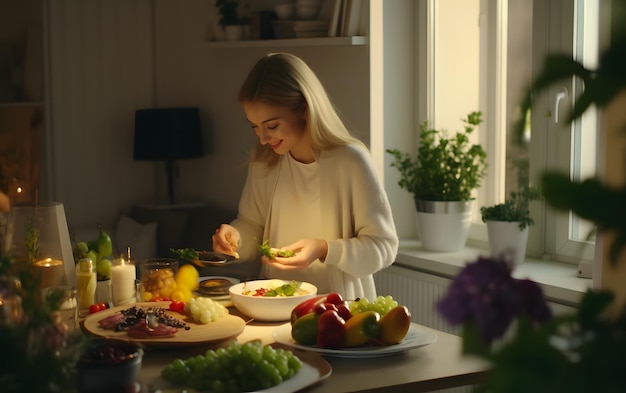 Mujer atlética preparando un batido con verduras y frutas escuchando música