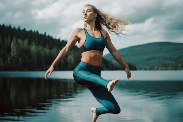 Mujer atlética en traje deportivo volando sobre el lago