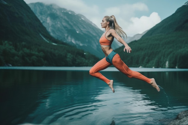 Mujer atlética en traje deportivo volando sobre el lago