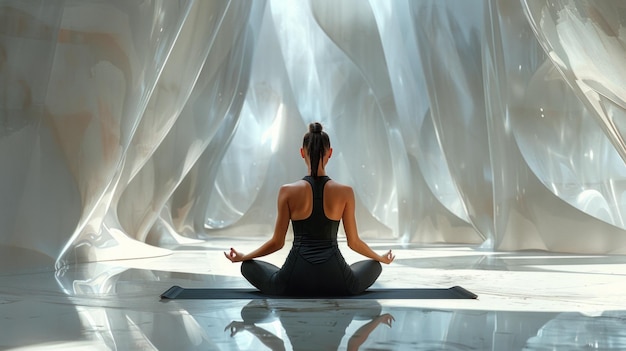 Mujer atlética con traje negro participando en yoga estudio de fitness blanco mejorando la tranquilidad de su entrenamiento matutino arte digital AI Generativo