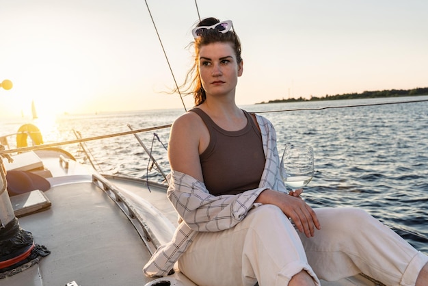 Mujer atractiva bebiendo vino y relajándose en un velero mientras navega en el mar