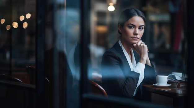 Mujer atractiva en el café tomando café y mirando por la ventana IA generativa