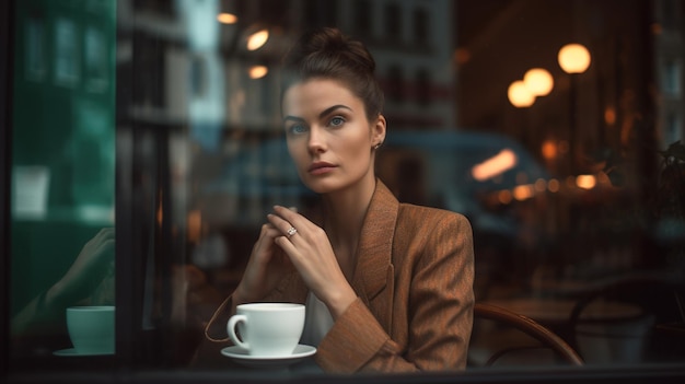 Mujer atractiva en el café tomando café y mirando por la ventana IA generativa