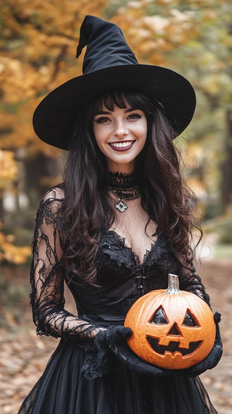 Una mujer atractiva con disfraz de bruja celebrando Halloween.