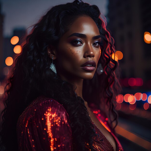 Mujer atractiva y elegante con una chaqueta roja brillante en el fondo de la ciudad