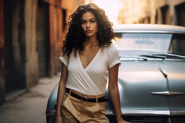 Mujer atractiva y elegante parada cerca de un auto retro en el fondo de la ciudad