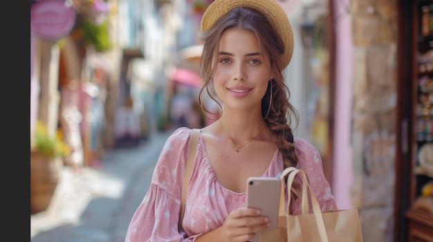 Una mujer atractiva está disfrutando con una bolsa de papel de compras de pie fuera de la tienda Ella está diciendo direcciones a una mujer con un teléfono móvil en la ciudad