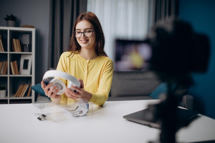 Mujer atractiva grabando video sobre auriculares inalámbricos