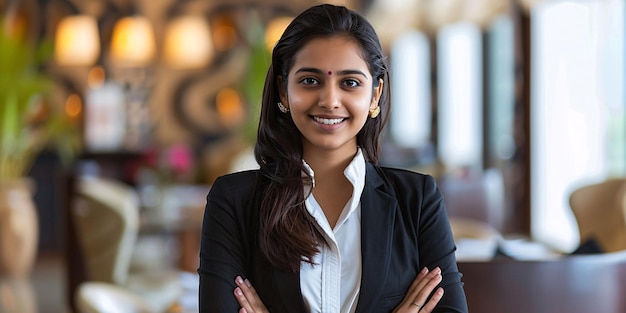 Una mujer atractiva de la India que maneja un hotel.