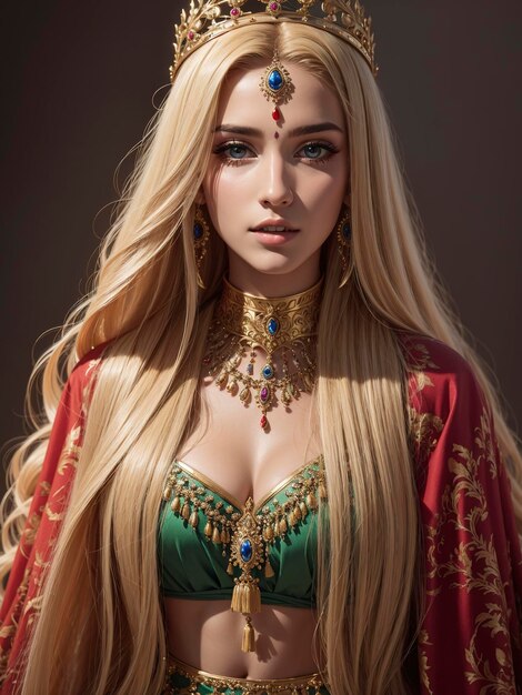 Mujer atractiva joven hermosa reina rubia de pelo largo pintura cara indianer amazone