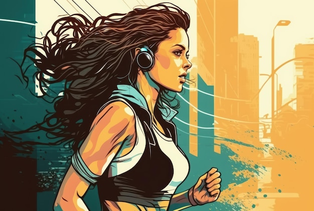 Mujer atractiva joven en ropa deportiva escuchando música mientras corre en la ilustración de la ciudad