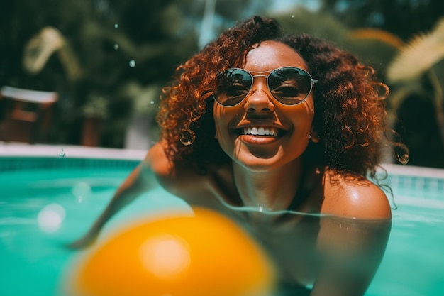 Mujer atractiva natural nadando en el agua de la piscina de verano de salsa Imagen generada por AI