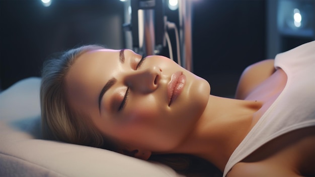 Mujer atractiva recibiendo procedimientos de belleza facial en el salón de spa