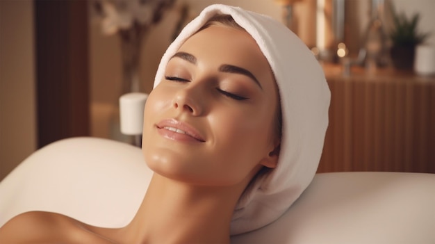 Mujer atractiva recibiendo procedimientos de belleza facial en el salón de spa