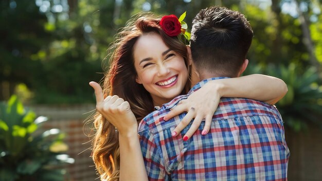Mujer atractiva con rosas rojas guiñando el ojo y mostrando un pulgar mientras abraza a su novio
