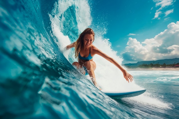 Mujer atractiva surfeando una ola en el paraíso