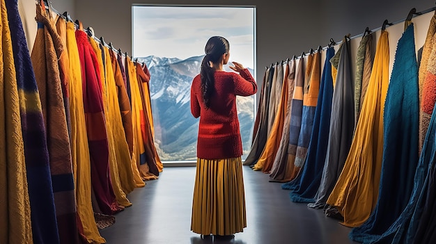 La mujer de atrás selecciona la tela del vestido IA generativa