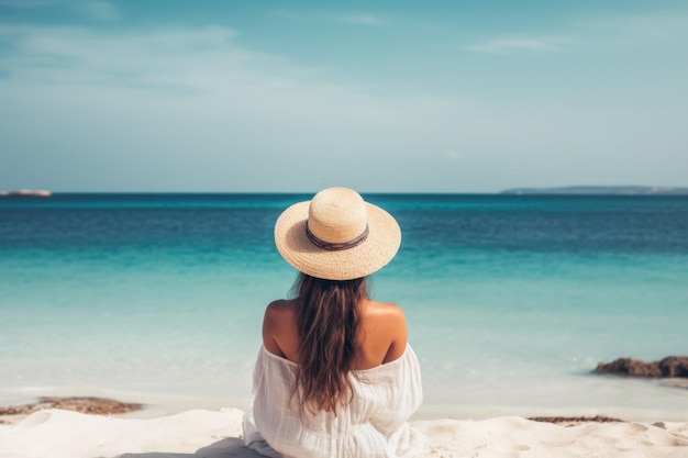 Una mujer de atrás se sienta en la playa y disfruta de la vista del mar.