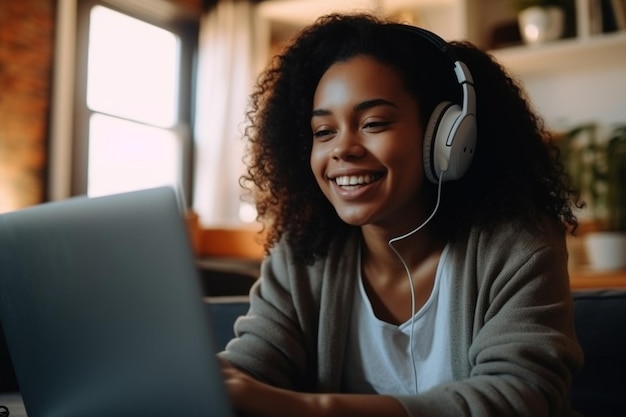 Una mujer con audífonos se sienta frente a una computadora portátil, sonríe y mira una pantalla que dice "soy ingeniero de software"