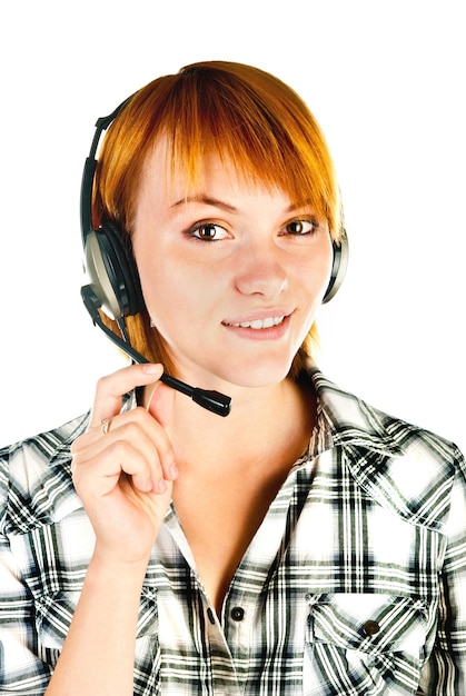 mujer, con, auricular, aislado, en, un, fondo blanco