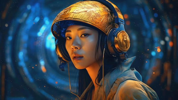 Una mujer con un auricular dorado frente a un afiche futurista de ciencia ficción.