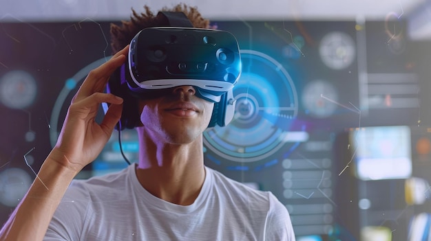 Una mujer con un auricular de realidad virtual está apuntando a una pantalla