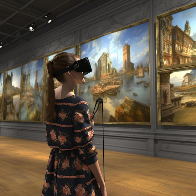 Una mujer con un auricular de realidad virtual está mirando una pantalla con una pintura de un edificio en el fondo.
